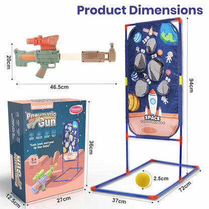 Pneumatic brad gun toy with colorful design for kids aged 5 and up, featuring space-themed target game.