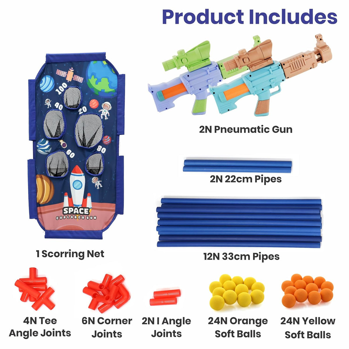 Pneumatic brad gun toy set with colorful pipes and soft balls for creative play and scoring activities