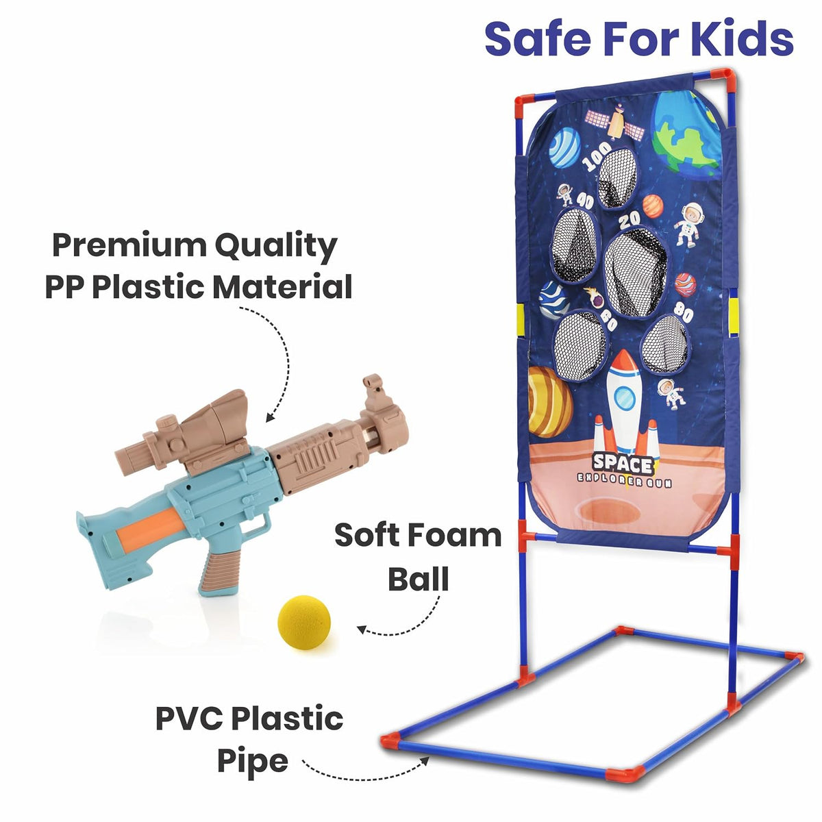 Pneumatic brad gun toy set with soft foam ball for kids, promoting safe play and hand-eye coordination.