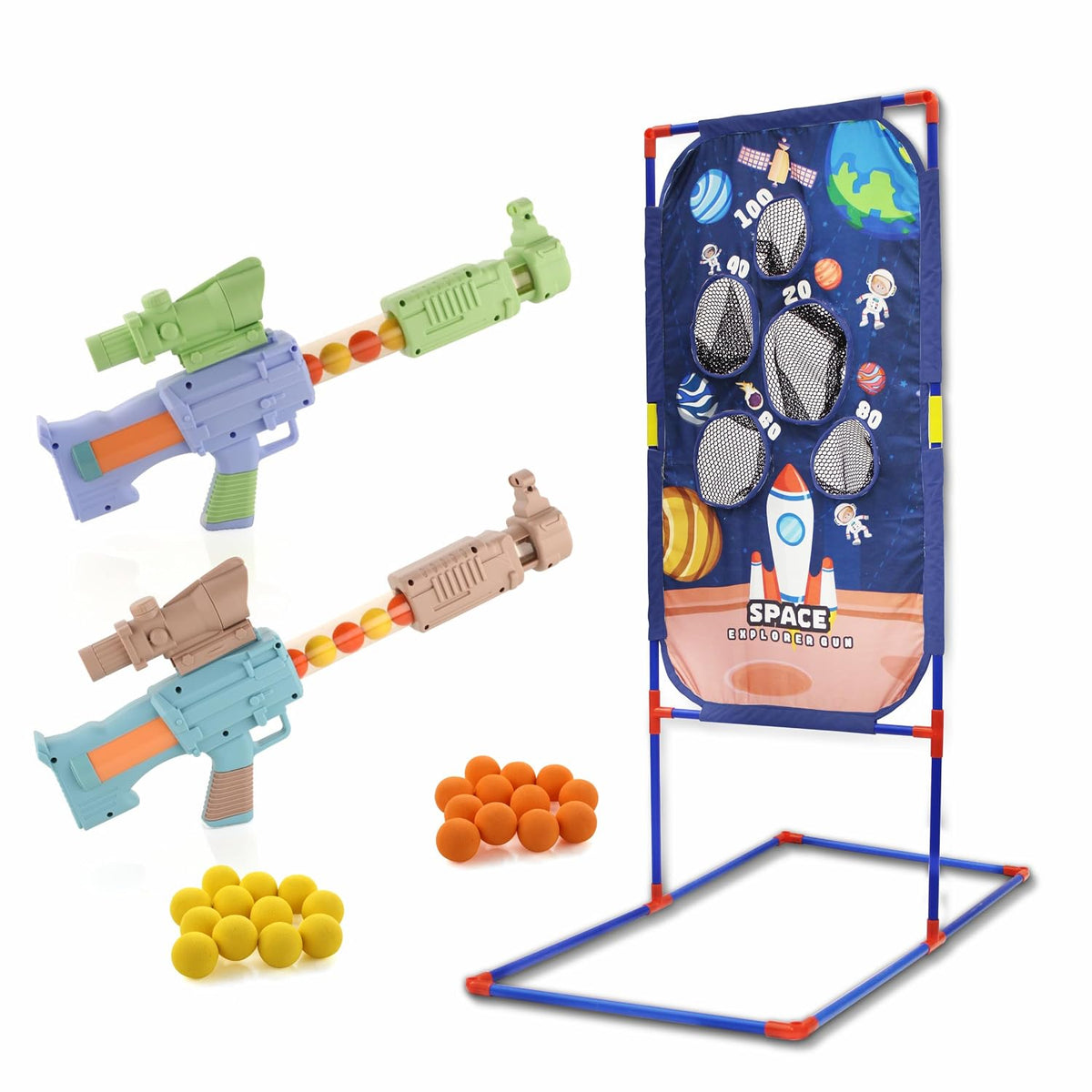 Pneumatic brad gun toy set with colorful guns and target game for kids ages 5 and up