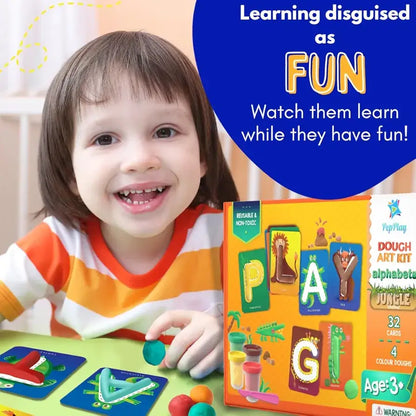 Colorful dough art kit featuring letters and shapes, ideal for kids aged 3 and up