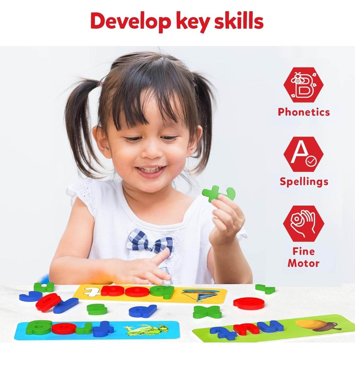 Child playing with preschool spelling activity cards focusing on phonetics, spellings, and fine motor skills