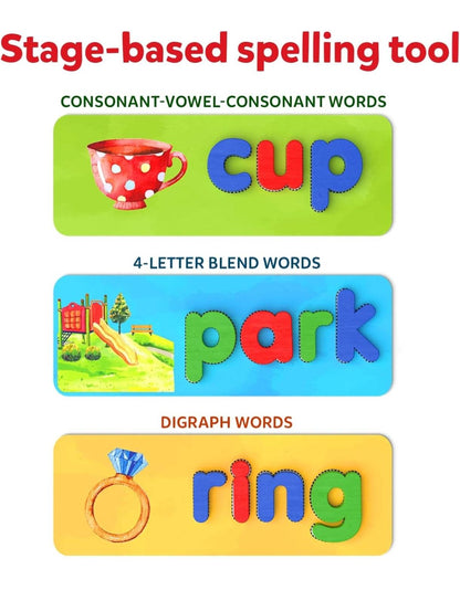 Preschool spelling activity cards with colorful word examples cup park and ring for early learning