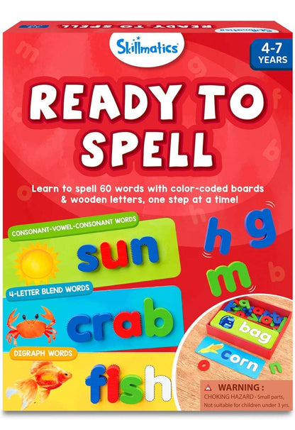 Skillmatics Ready to Spell preschool spelling activity cards for ages 4 to 7 with color-coded boards and wooden letters