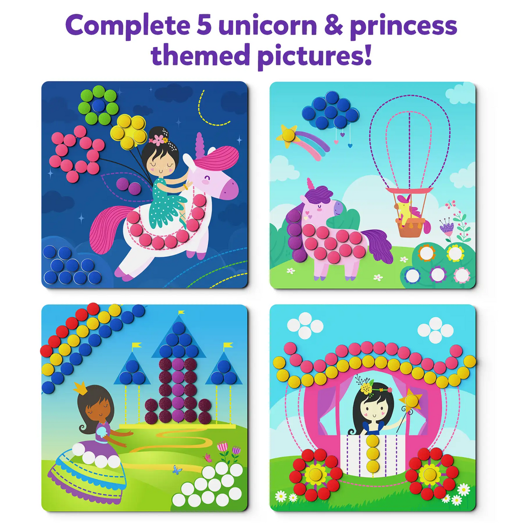 Skillmatics princess magnet activity set with colorful unicorn and princess themed pictures using magnetic dots