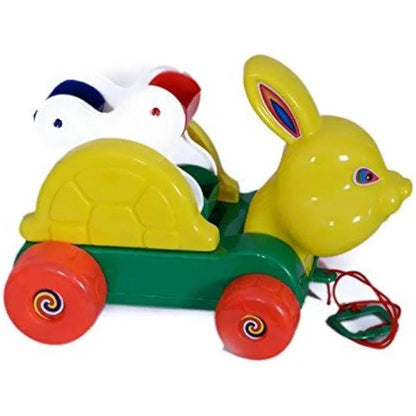 Yellow bunny pull along toy for toddlers with colorful wheels and a playful design