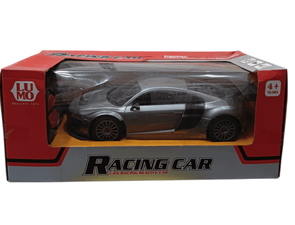 Silver remote control racing car toy in red and gray packaging for ages 4 and up