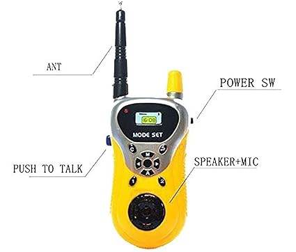 Yellow 2 way radio toy for kids featuring push-to-talk, speaker, and adjustable antenna