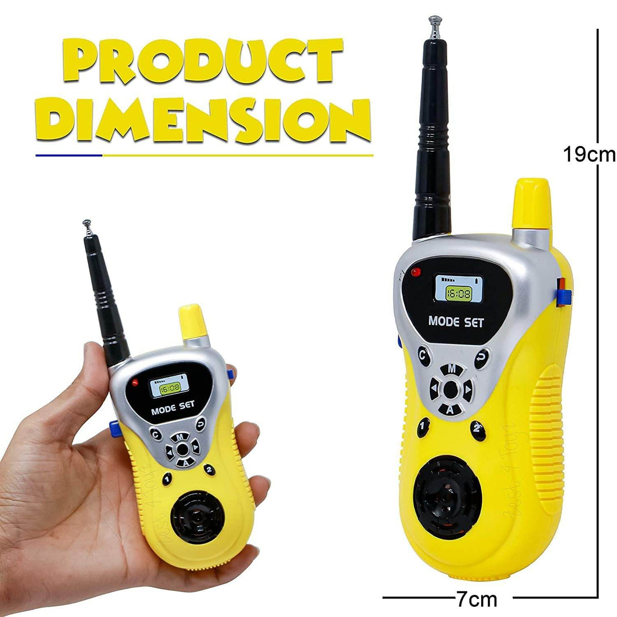 Yellow T-Rex toy radio 2 way for kids with adjustable settings, suitable for ages 4 and up