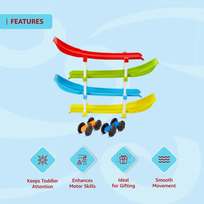 Colorful ramp race track toy for kids with cars promoting motor skills and smooth movement