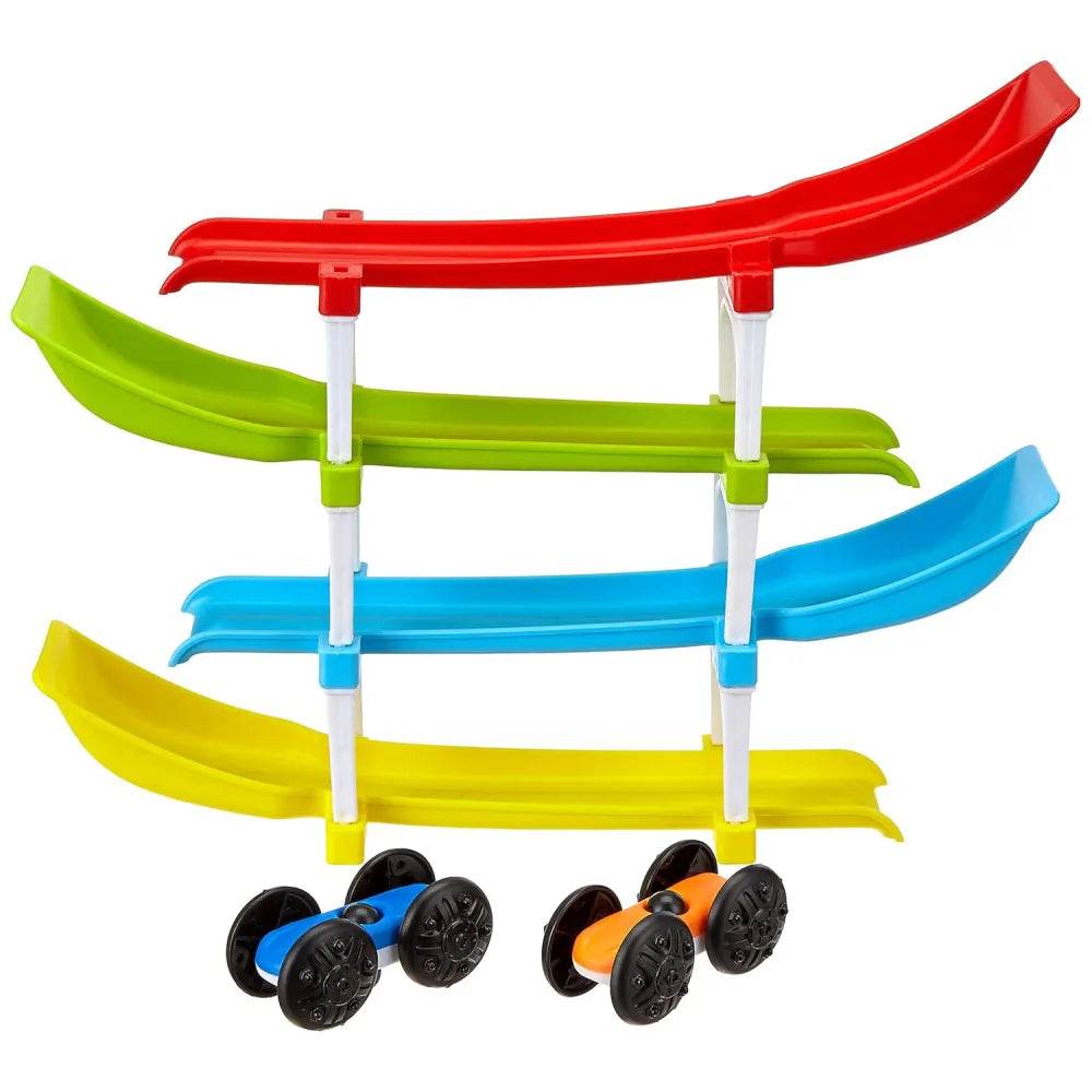 Colorful ramp race track toy for kids with red green blue and yellow tracks and two cars