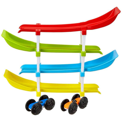 Colorful ramp race track toy for kids with red green blue and yellow tracks and two cars