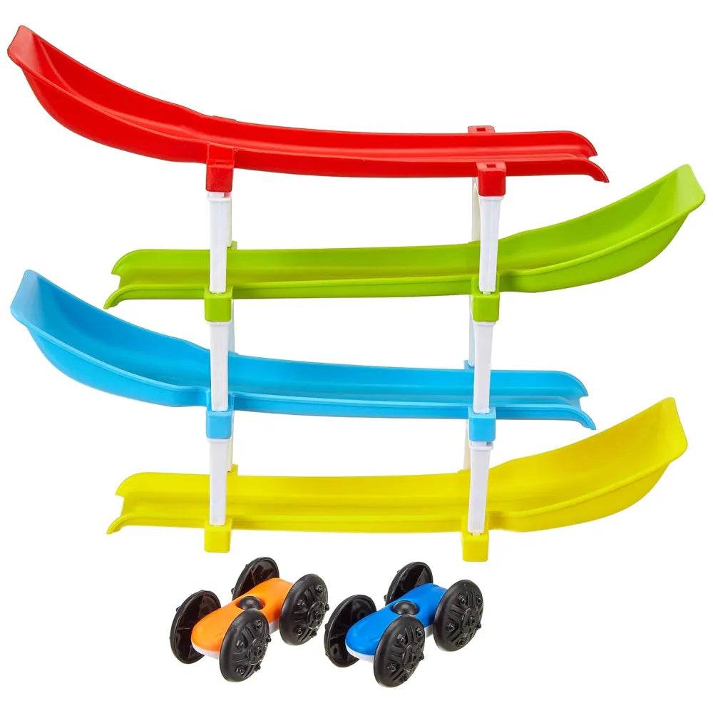 Colorful ramp race track toy for kids with four levels and two small racing cars in red green blue and yellow