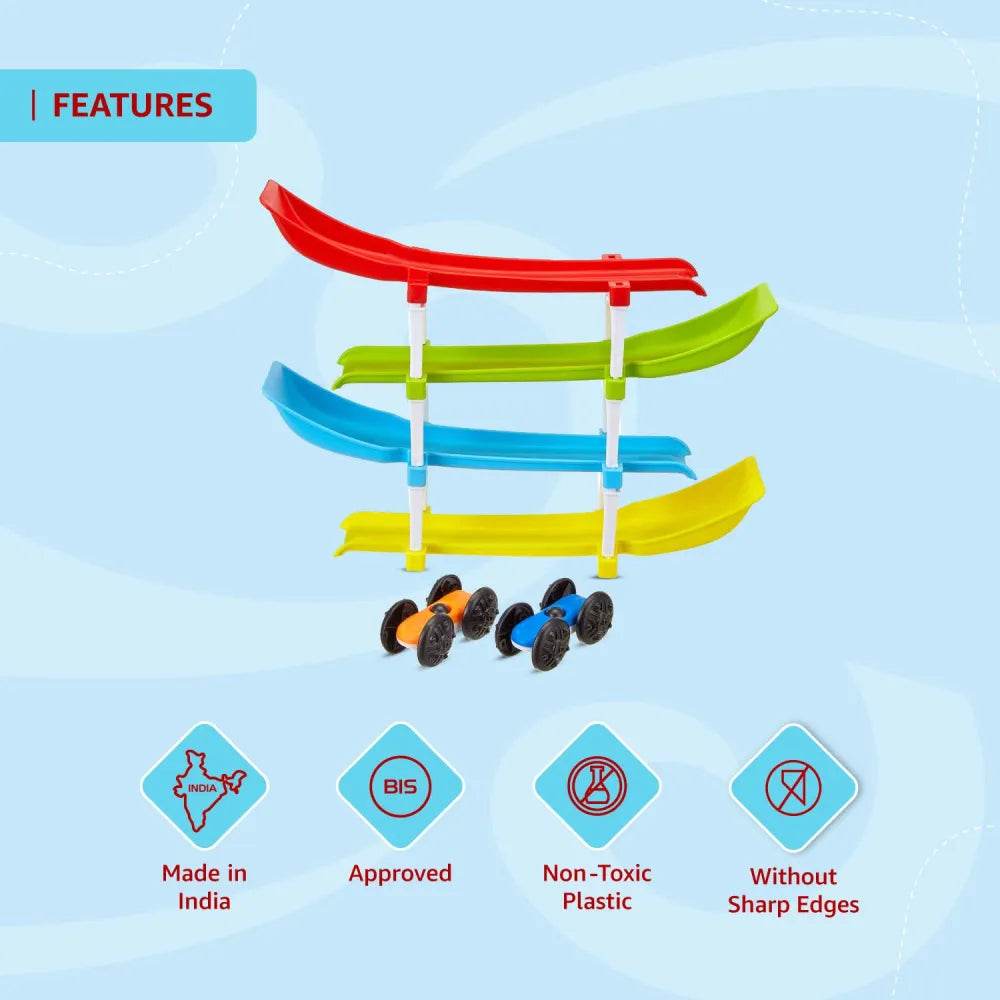 Colorful ramp race track toy for kids with red green blue and yellow ramps and small wheels