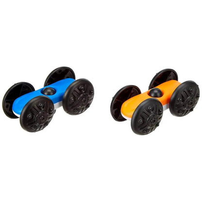 Blue and orange toy cars with large black wheels for ramp race track toy for kids by T-Rex the toyland