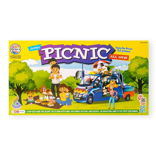 Junior picnic board game for kids with colorful family picnic and cartoon car on the box cover
