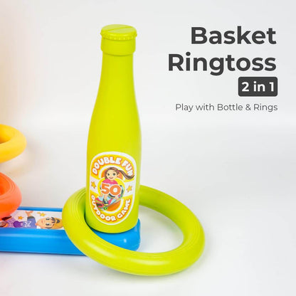 2 in 1 basket bottle toss game with colorful bottle and rings for indoor fun and play