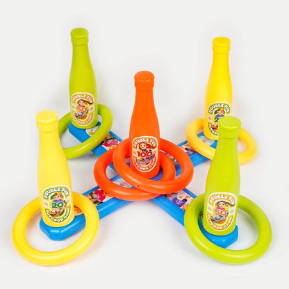 Colorful 2 in 1 basket bottle toss game with five plastic bottles and multiple rings for outdoor fun