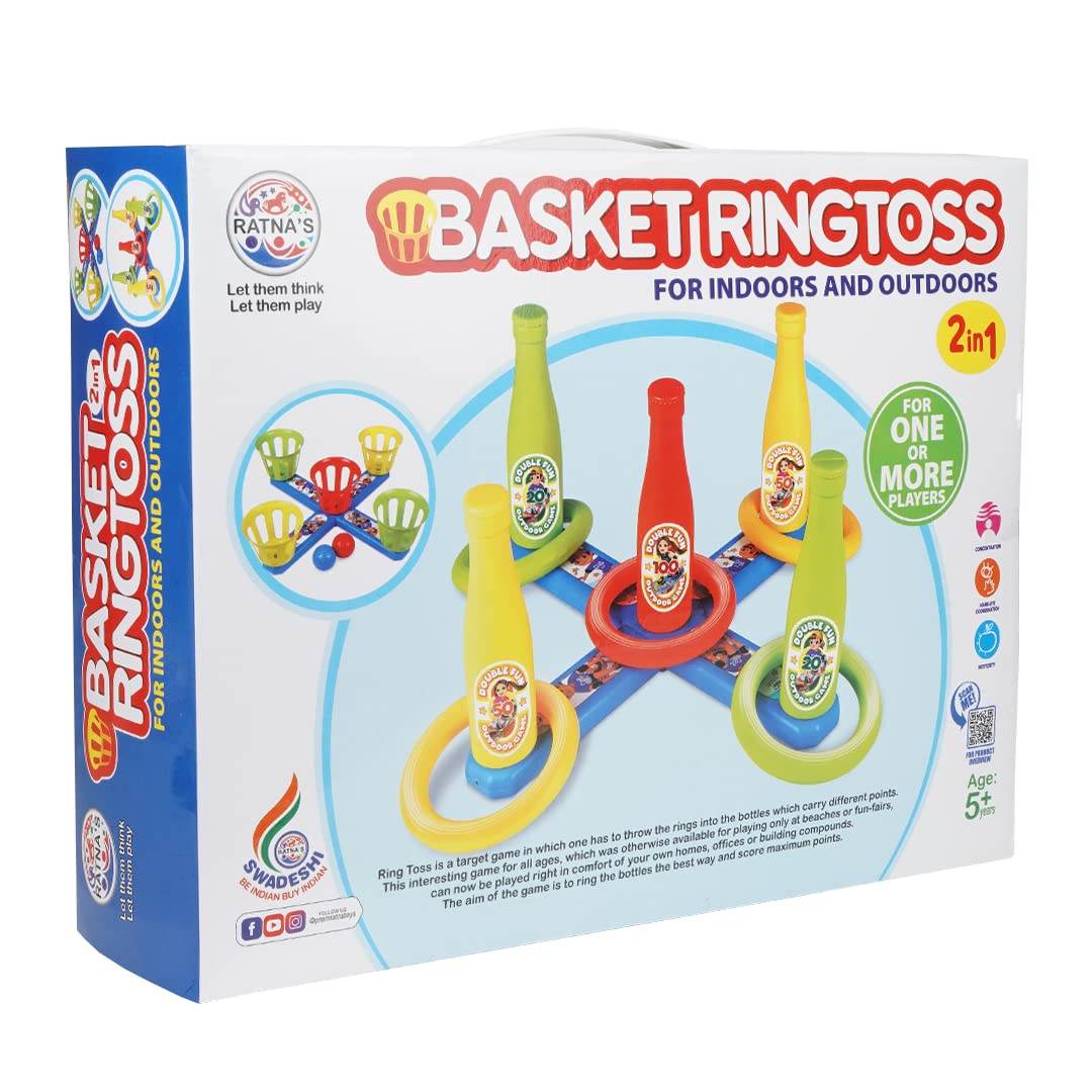 2 in 1 basket bottle toss game for indoors and outdoors with colorful bottles and rings