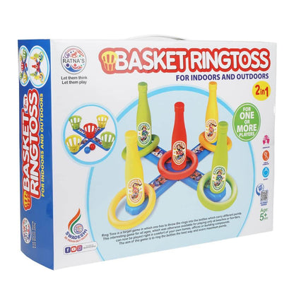 2 in 1 basket bottle toss game for indoors and outdoors with colorful bottles and rings