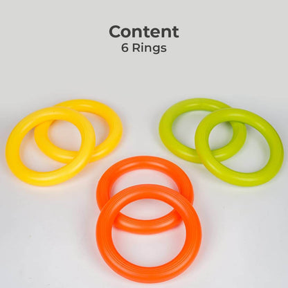 Six colorful rings included in the 2 in 1 basket bottle toss game set from T-Rex the toyland Sitamarhi