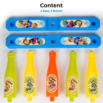 2 in 1 basket bottle toss game with two blue bases and five colorful plastic bottles for outdoor fun