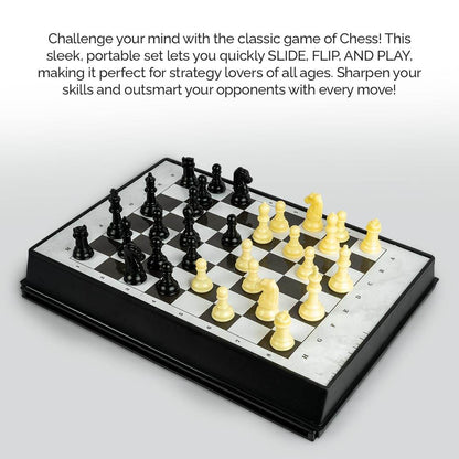 Prem Ratna 3 in 1 board games set featuring a portable chessboard with black and white chess pieces