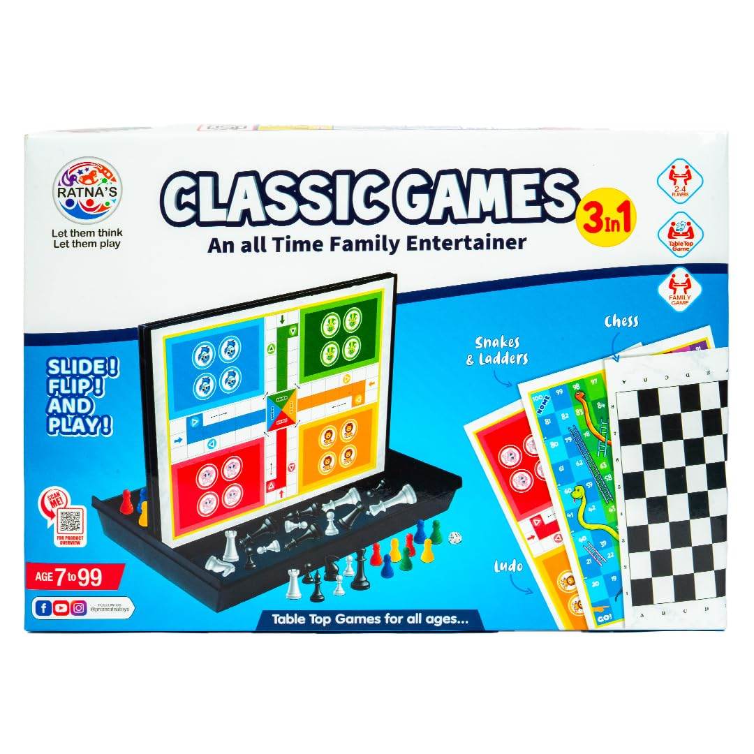 Prem Ratna 3 in 1 board games set with chess, snakes and ladders, and ludo classic family games
