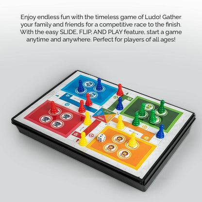 Prem Ratna 3 in 1 board games set featuring colorful Ludo game pieces and dice on a portable foldable board