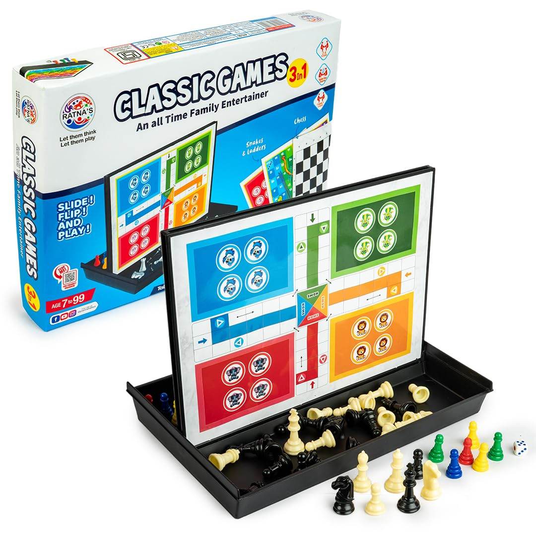 Prem Ratna 3 in 1 board games set with chess, ludo, and dice for family entertainment