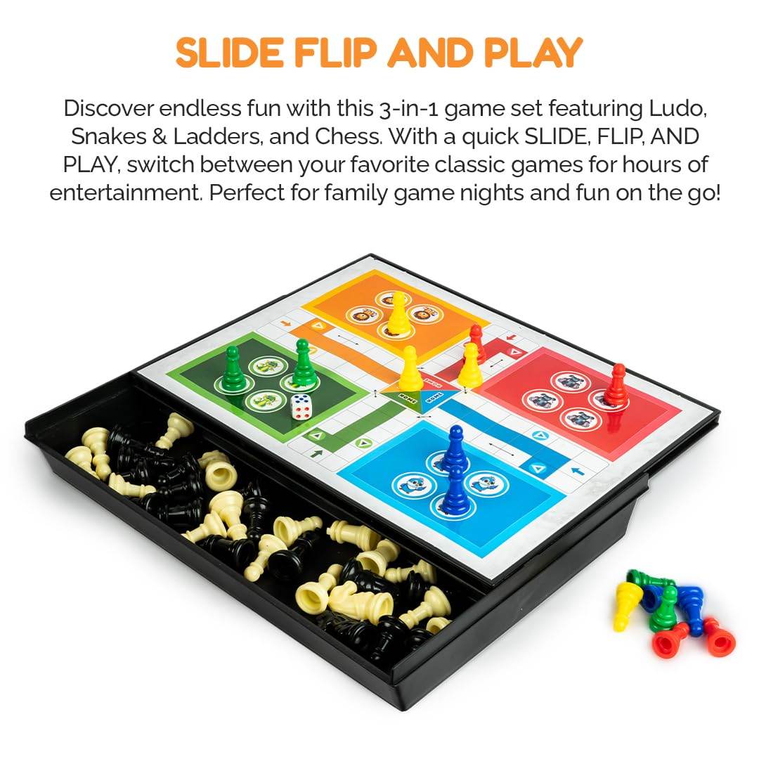 Prem Ratna 3 in 1 board games set with Ludo, Snakes & Ladders, and Chess pieces in a black tray