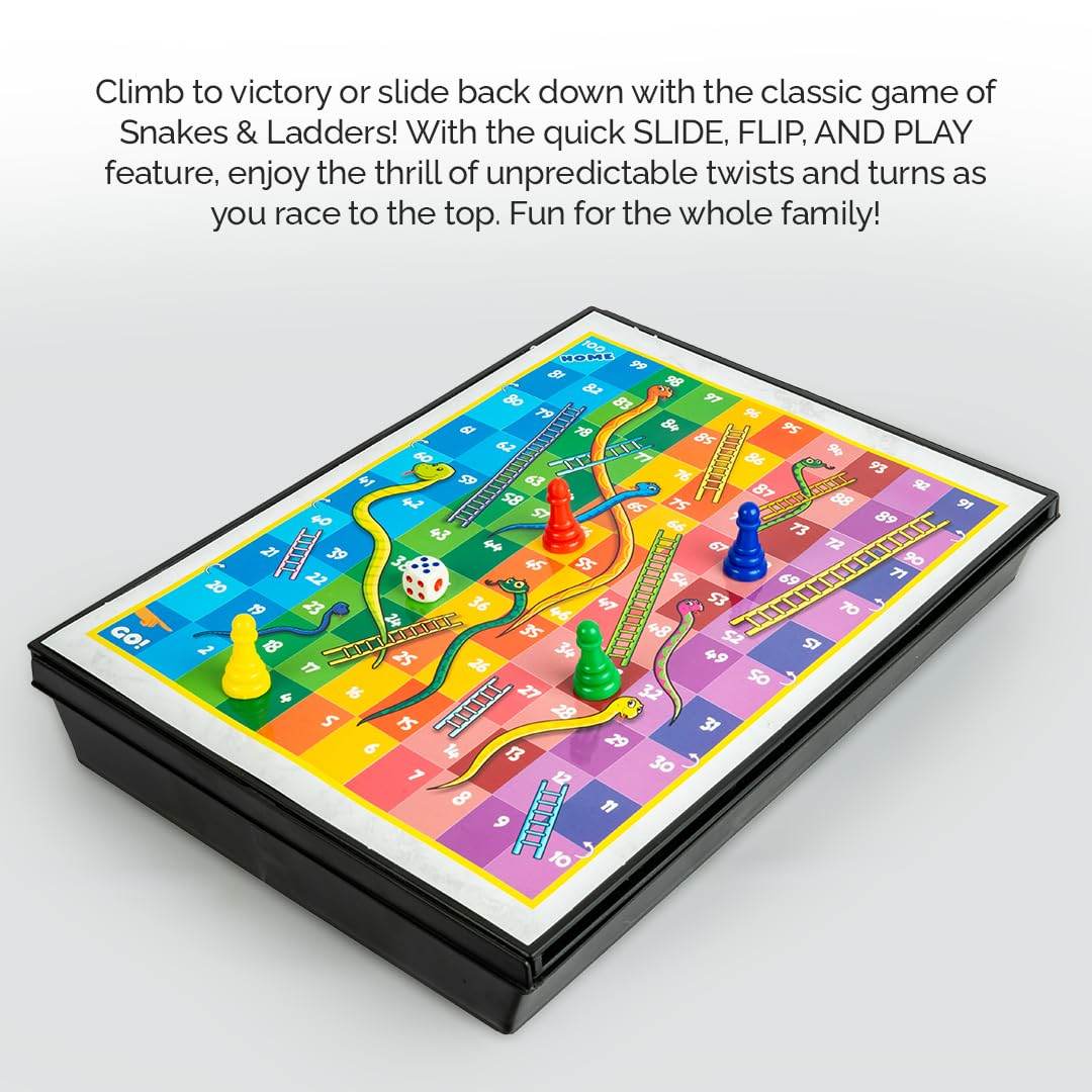 Prem Ratna 3 in 1 board games set featuring colorful Snakes and Ladders game with playing pieces and dice