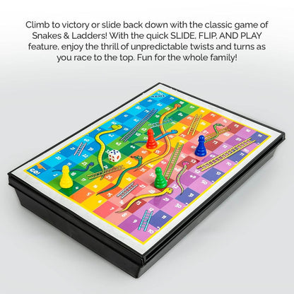 Prem Ratna 3 in 1 board games set featuring colorful Snakes and Ladders game with playing pieces and dice