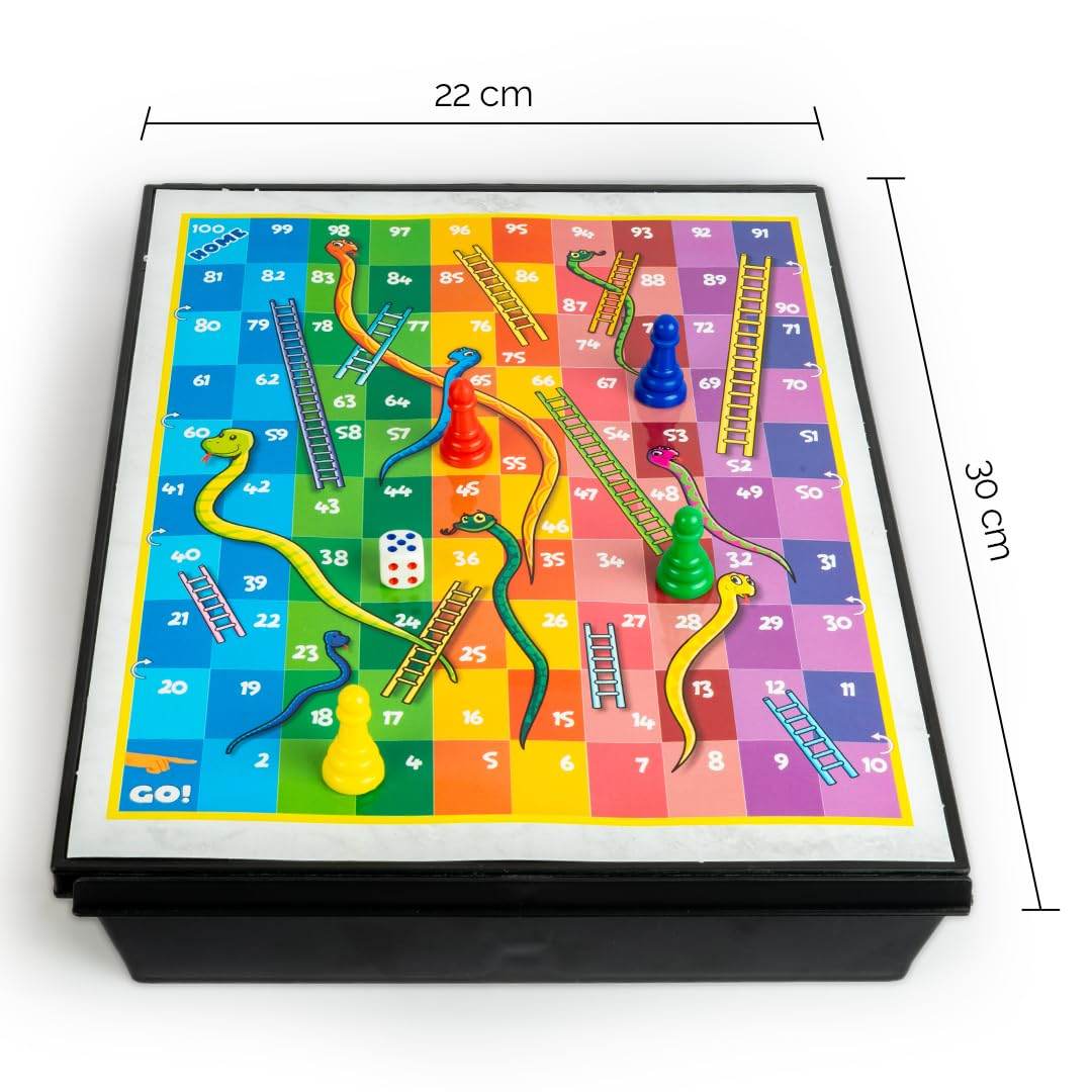 Prem Ratna 3 in 1 board games set featuring colorful snakes and ladders game with numbered squares and game pieces