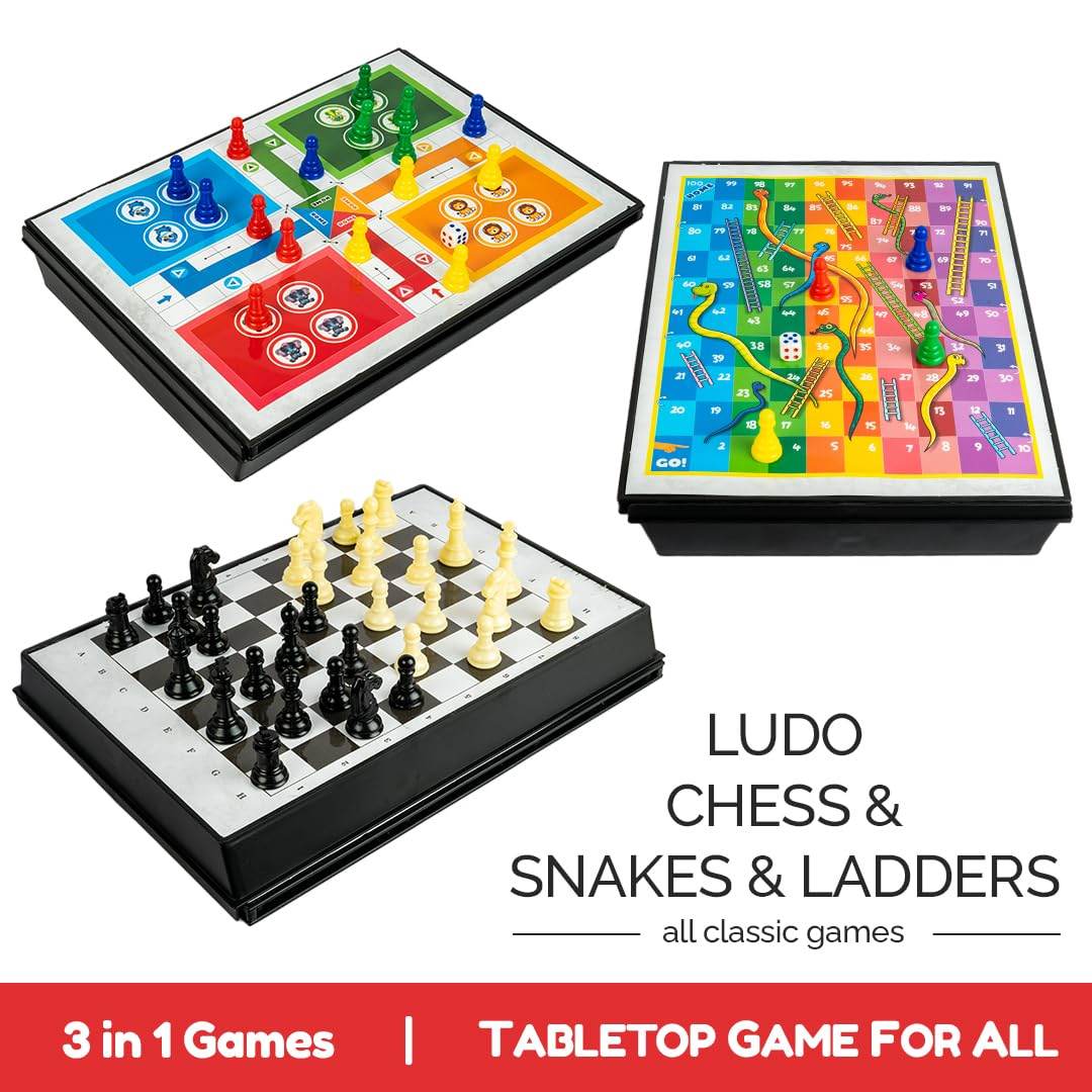 Prem Ratna 3 in 1 board games set featuring ludo chess and snakes and ladders tabletop games