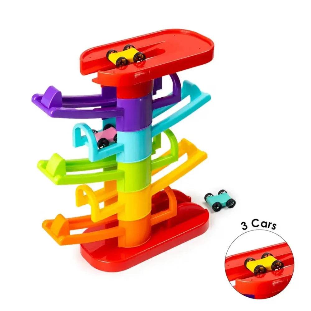 Prem Ratna colorful 3 in 1 car ramp toy for toddlers with three small cars racing down vibrant tracks