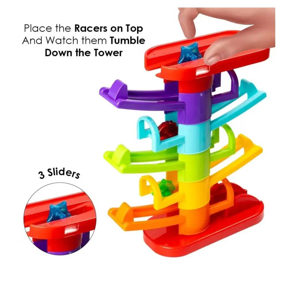 Prem Ratna 3 in 1 car ramp toy for toddlers with colorful sliders and tower for racing cars