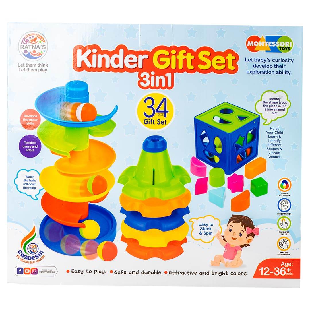 Ratna's 3 in 1 Kinder Gift Set Containing Stack-N-Spin, Rainbow Spinning Tower & Shape Sorter Cube Montessori Toys Preschool Learning for Infants & Toddlers - T-Rex the toyland Sitamarhi