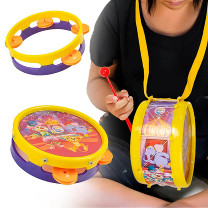 Ratna's 3 in 1 Musical Jhankar Gift Set Junior Circus Printed Drum Dafli Toy Musical Instrument with 2 Mallets for Kids - T-Rex the toyland Sitamarhi