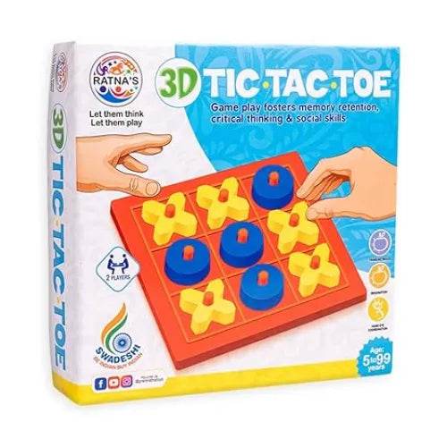 Prem Ratna 3D tic tac toe board game with colorful X and O pieces on orange grid for kids