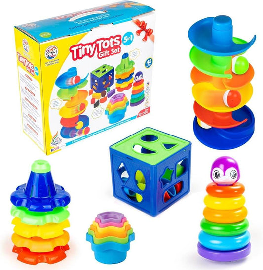 Ratna's 5 in 1 Tiny Tots Gift Set Containing Star Stacker, Penguin Stacking Ring, Stack-N-Spin, Rainbow Spinning Tower & Shape Sorter Cube Toys for Infants & Toddlers - T-Rex the toyland Sitamarhi
