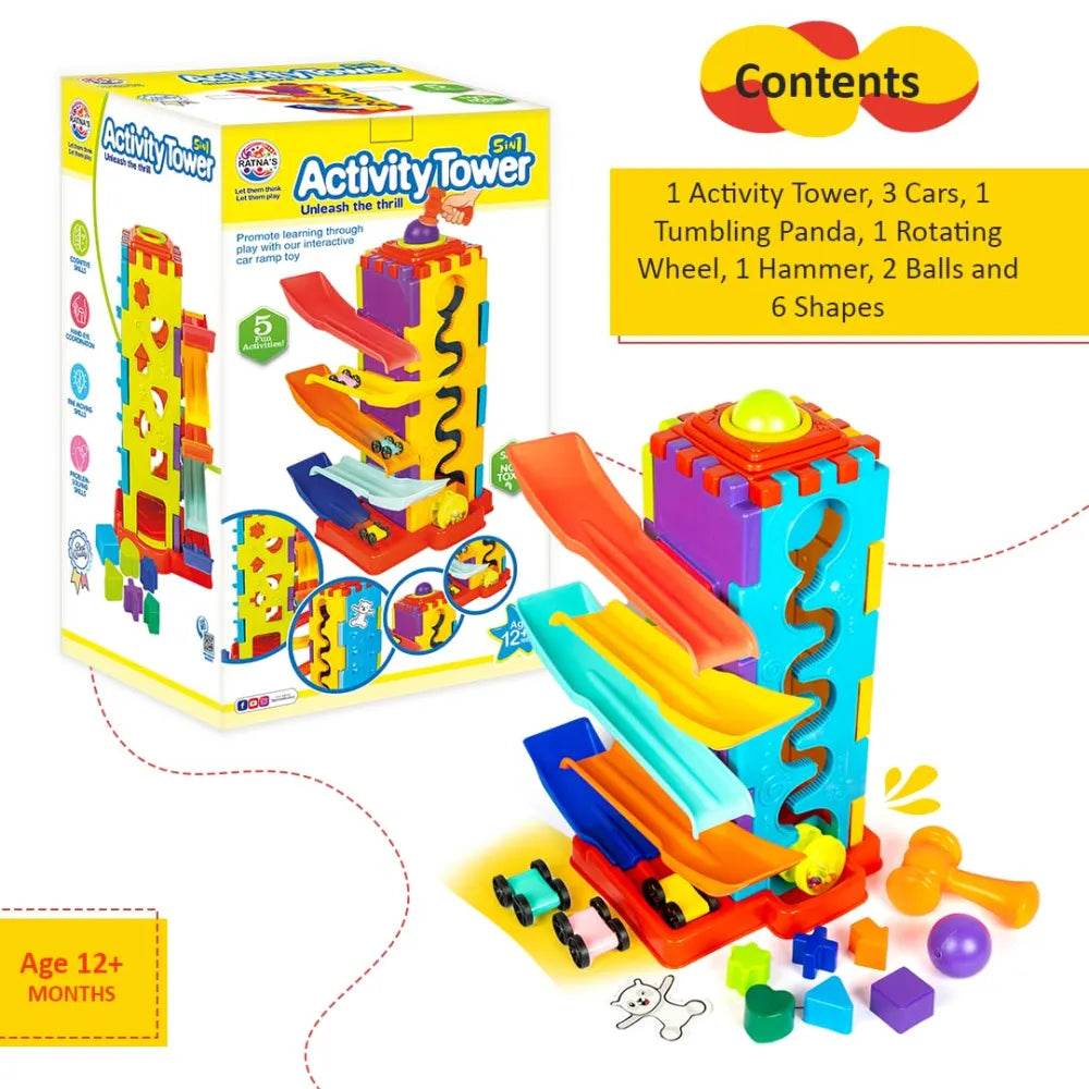 Ratna's Activity Tower 5 in 1 for Kids 1+ Year with Car Race, Shape Sorter, Tumbling Panda, Wheel Slider and Hammering Fun Activities for Toddlers - T-Rex the toyland Sitamarhi