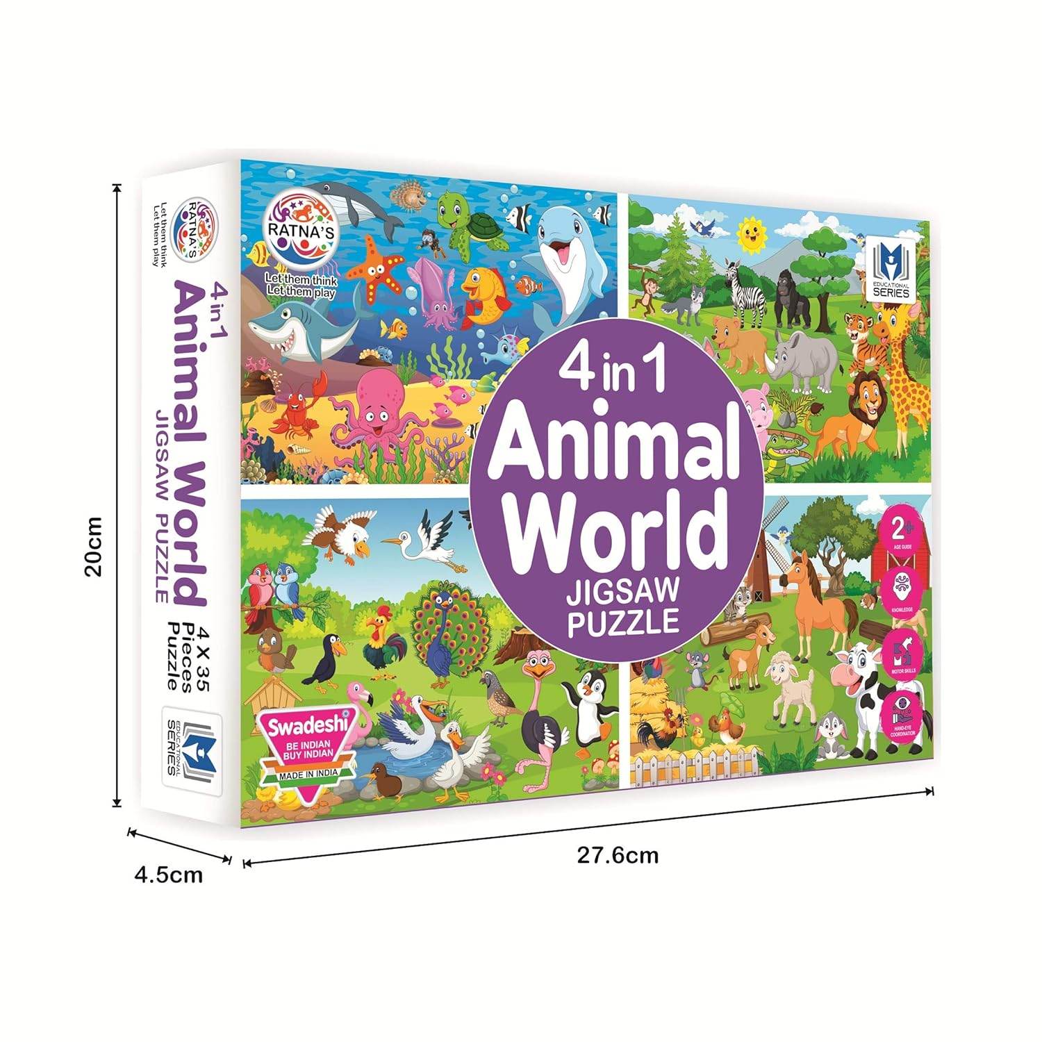Puzzle 4 in 1 animal world jigsaw puzzle set featuring colorful underwater and wildlife scenes