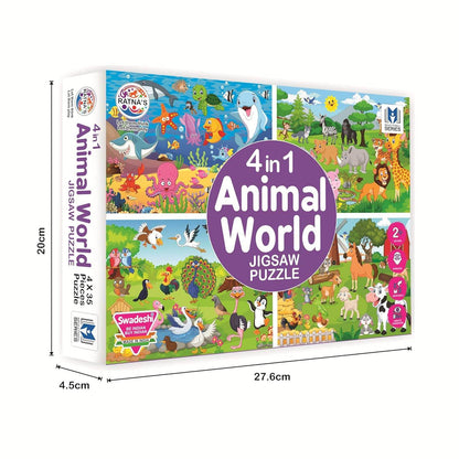 Puzzle 4 in 1 animal world jigsaw puzzle set featuring colorful underwater and wildlife scenes