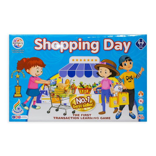 Prem Ratna award winning educational board game Shopping Day with kids and a shopping cart