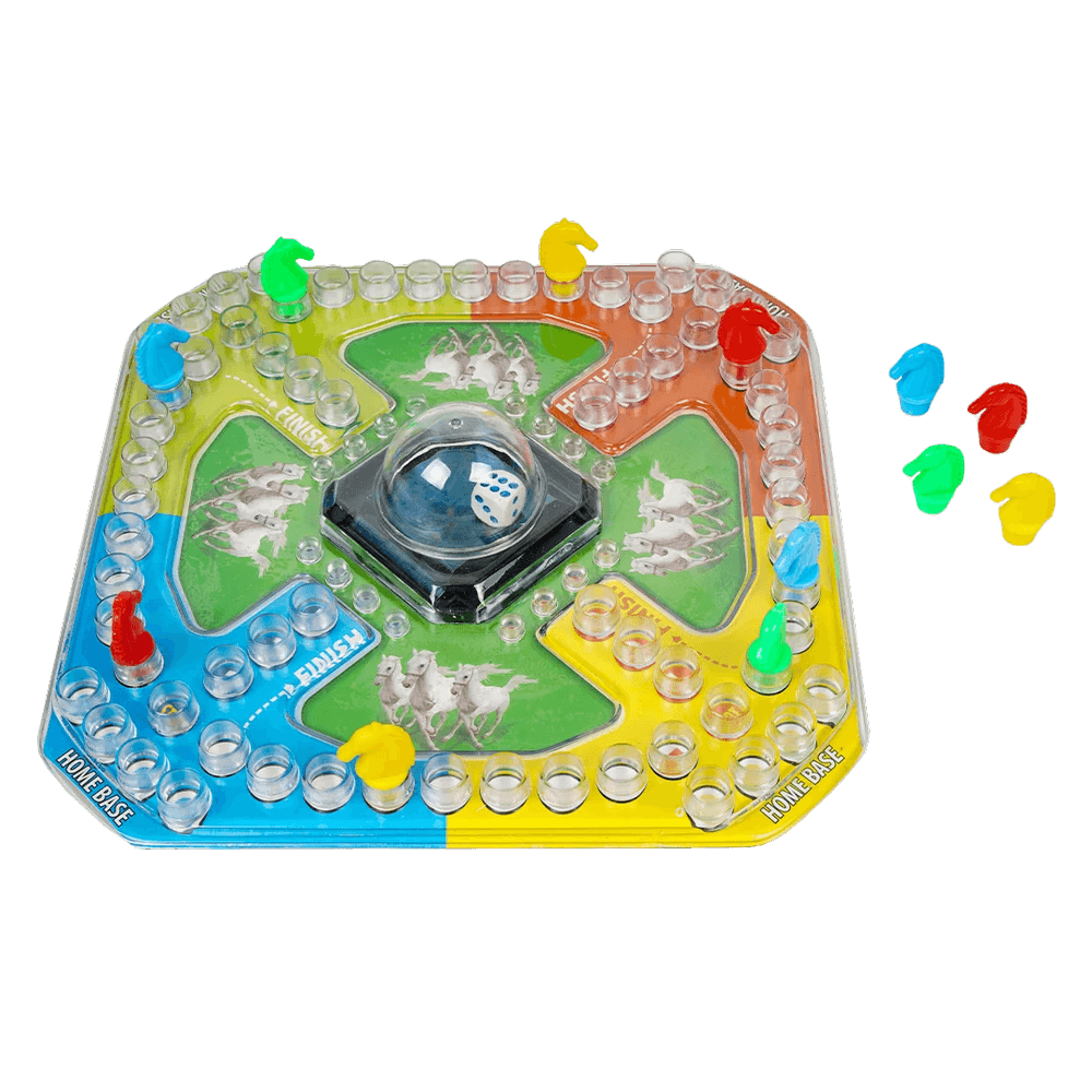 Colorful Bubble Trouble board game for kids with transparent game pieces and central dice holder