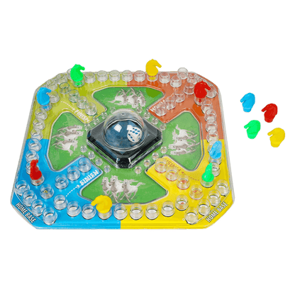Colorful Bubble Trouble board game for kids with transparent game pieces and central dice holder