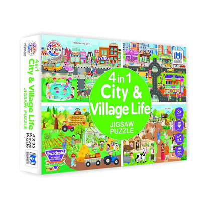 T-Rex the toyland 4 in 1 city and village life jigsaw puzzle with colorful illustrations for kids