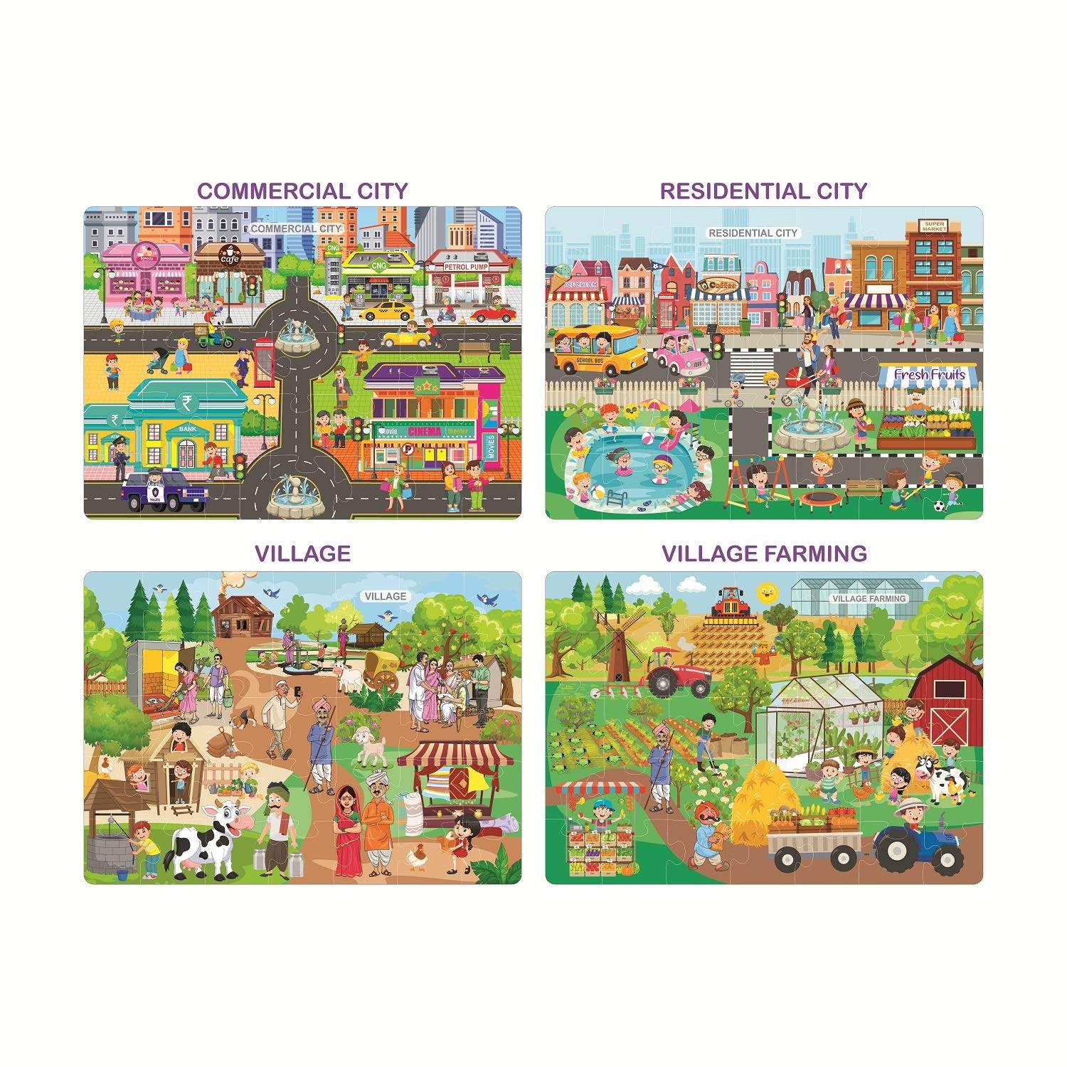 Colorful city and village life jigsaw puzzle showing commercial city, residential city, village, and village farming scenes