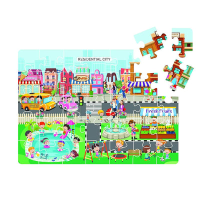 Colorful city and village life jigsaw puzzle showing residential city with kids playing and market stalls